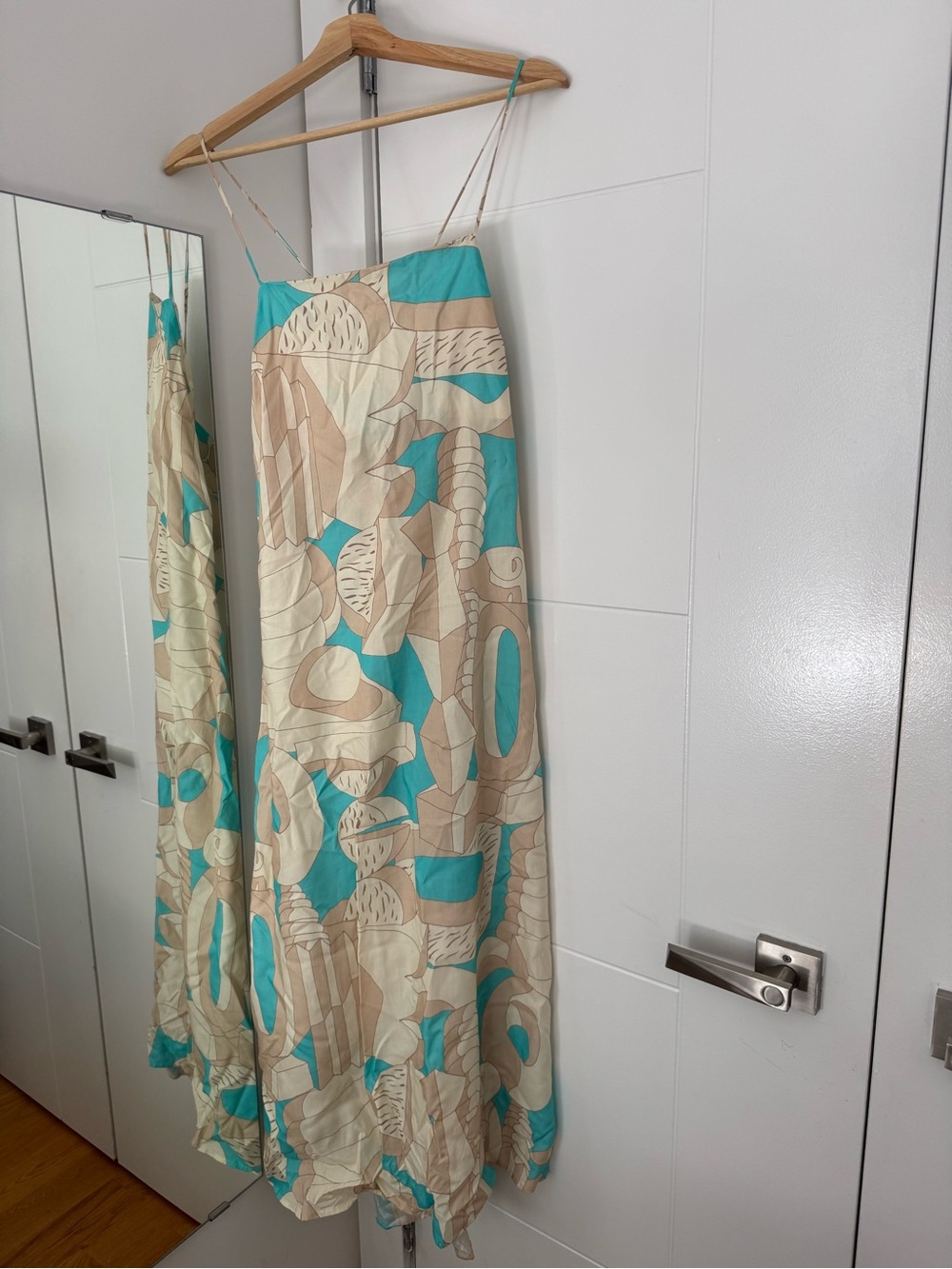 Turquoise and Beige Patterned Spaghetti- Strap Maxi Dress